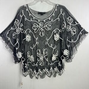 Pretty Angel Black Sheer Embroidered Lace Top Silk Blend OS Whimsigoth Artsy